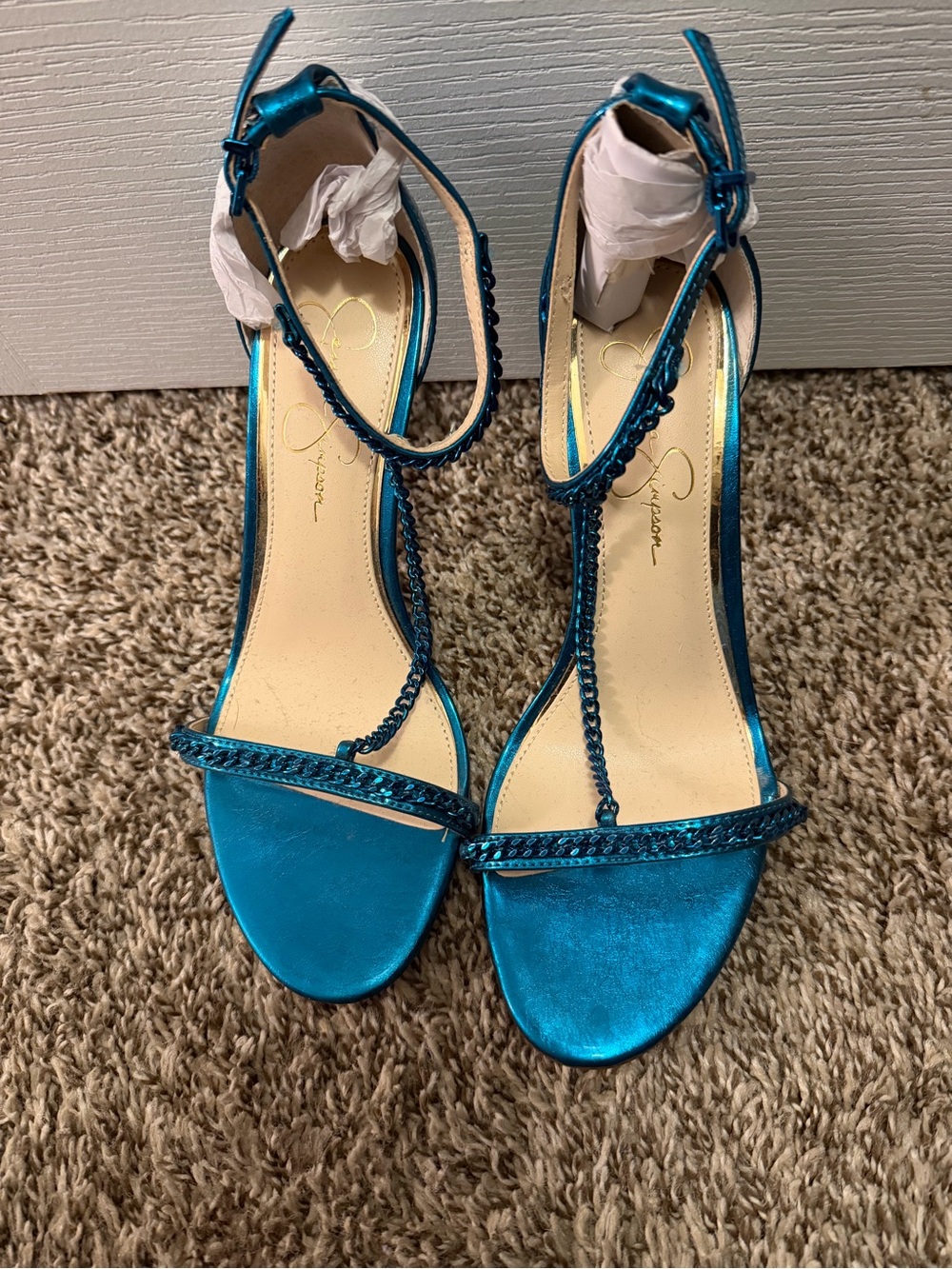 Jessica Simpson Metallic Teal T-Strap Heels